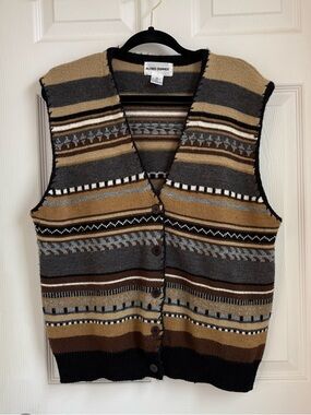 Vintage Alfred Dunner Wool Blend Men's Striped Knit Vest - Brown & Gray